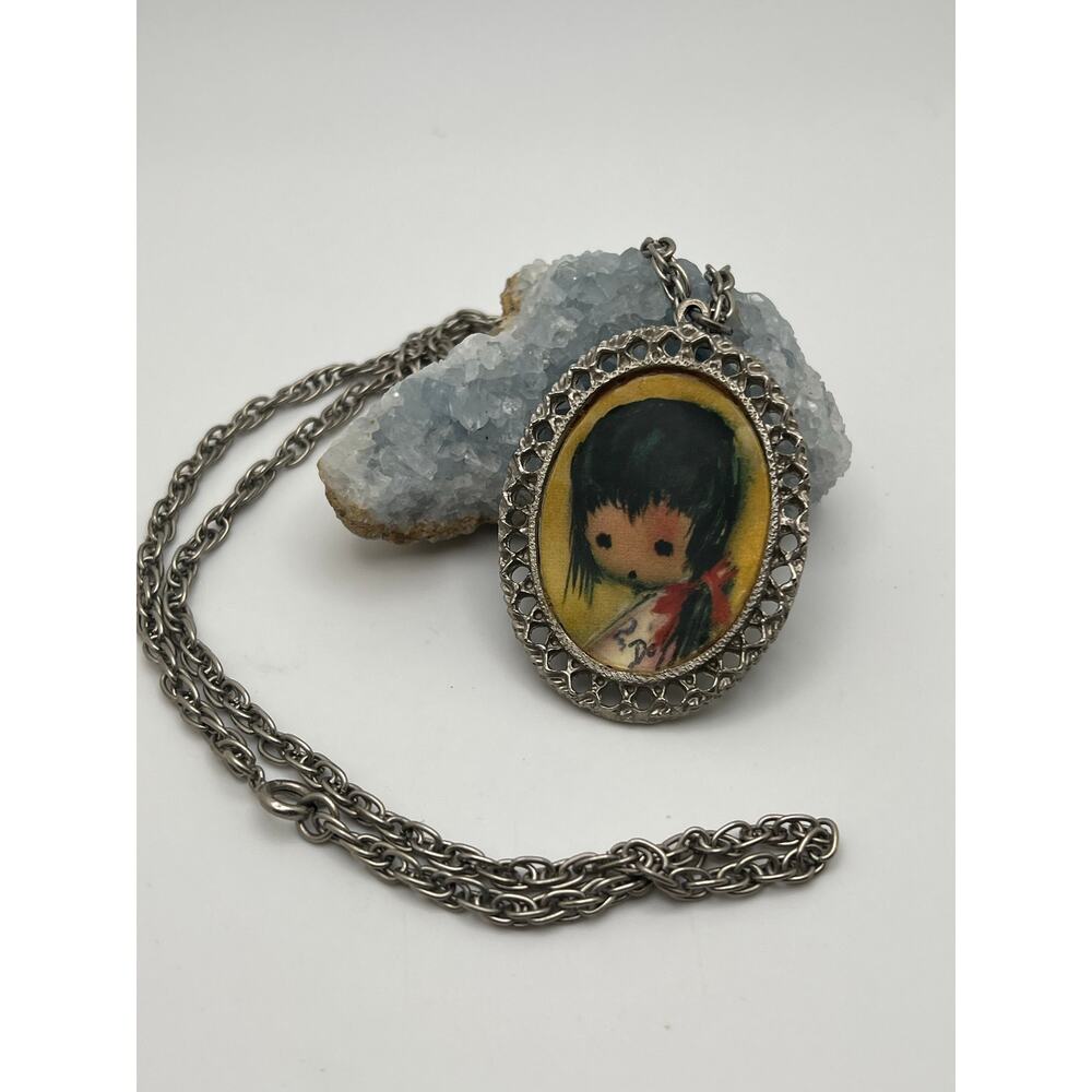 Vintage Ted DeGrazi style Art Print Necklace silvertone girl with ponytail